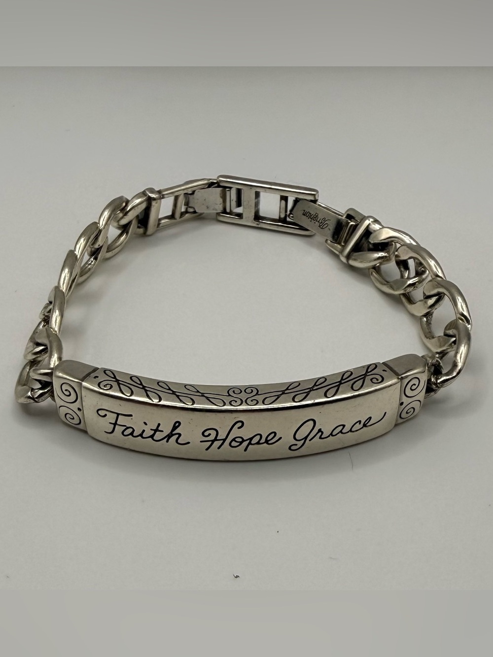 Brighton Faith Hope Grace Engraved Silver Link Bracelet